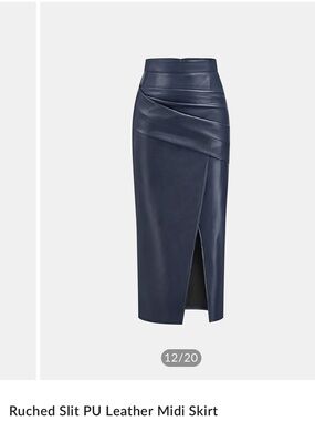 Commense Navy PU Leather Ruched Midi Skirt with Side Slit